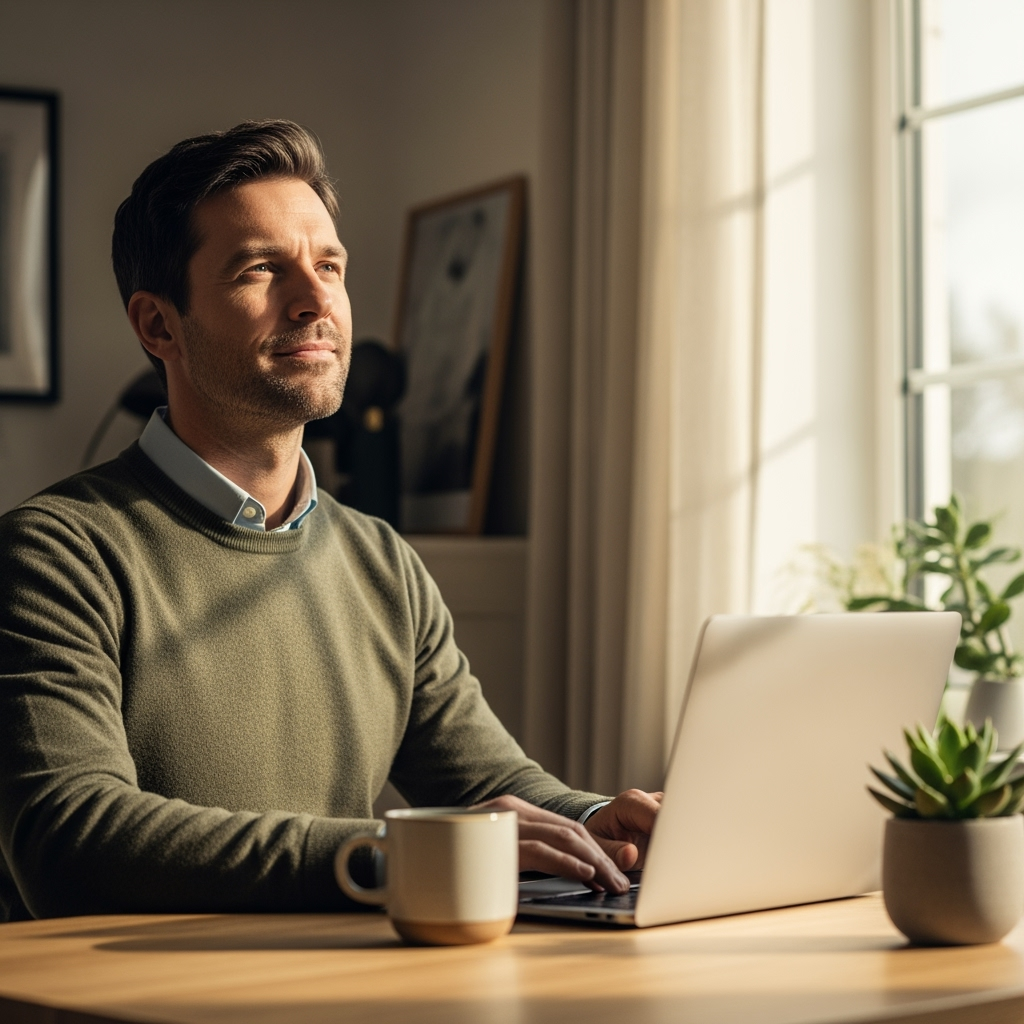 A man working on his laptop in a modern home office.