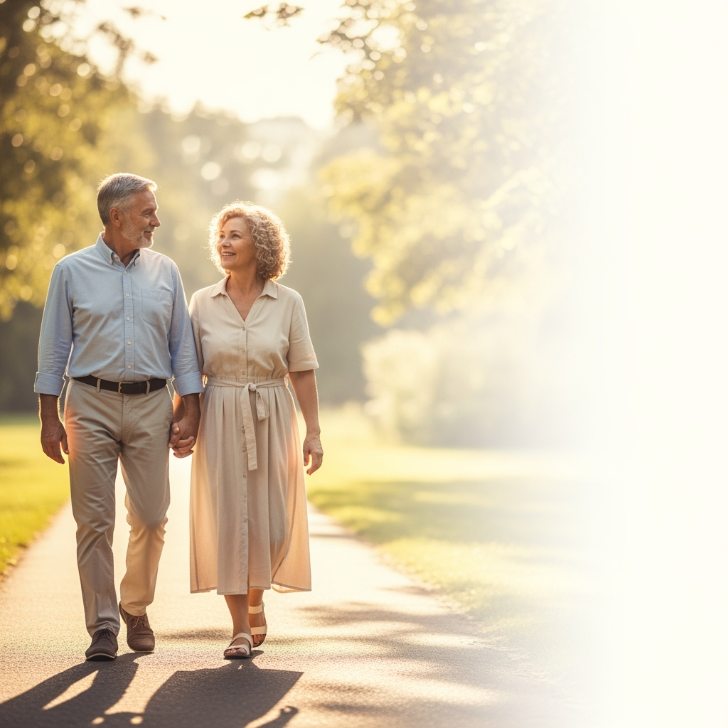 A mature couple walking hand-in-hand in a park.