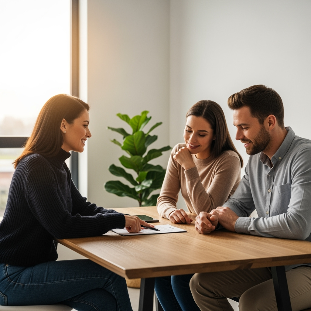 A smiling couple reviews documents at a table with an insurance agent.