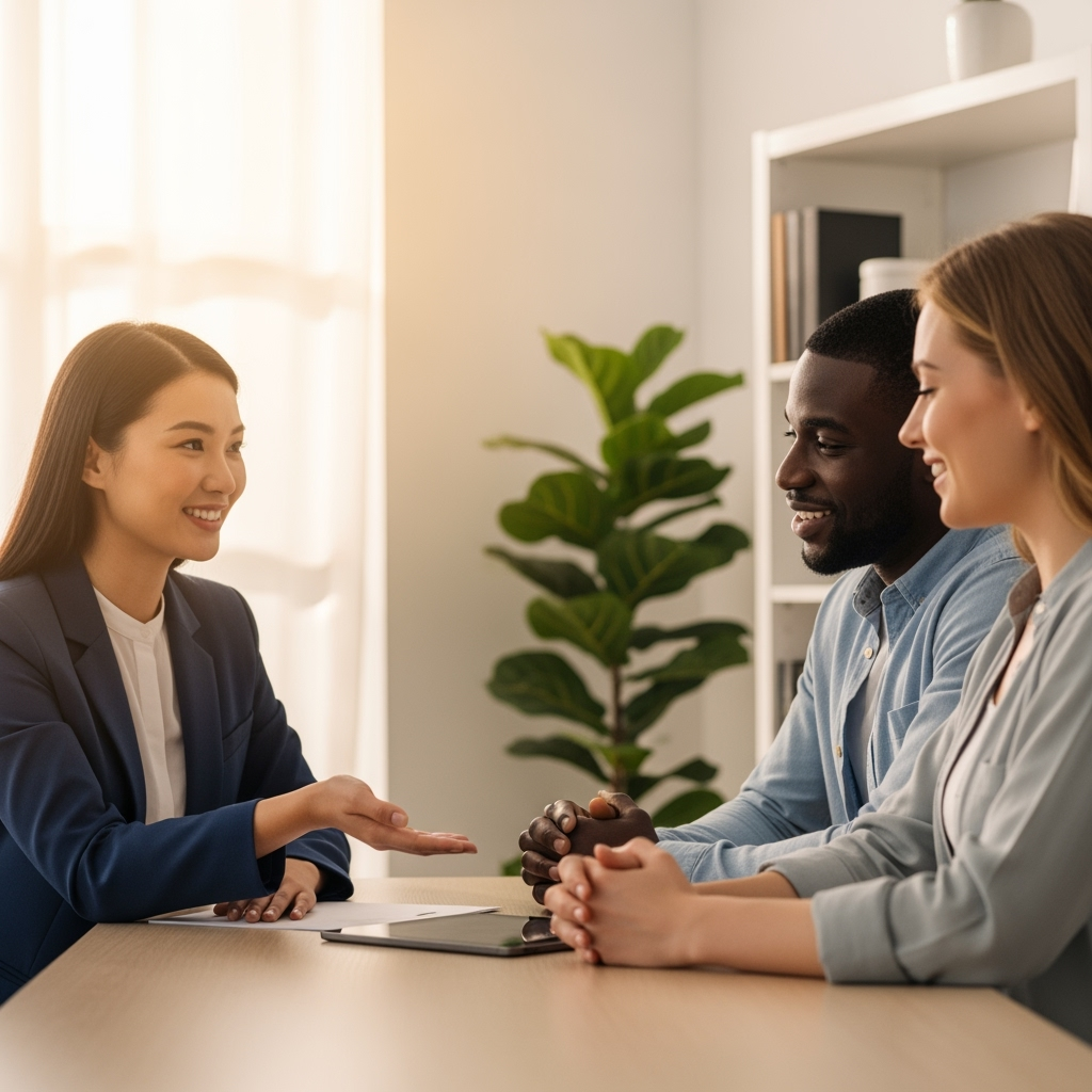 A smiling couple speaking with a friendly insurance advisor at a desk.