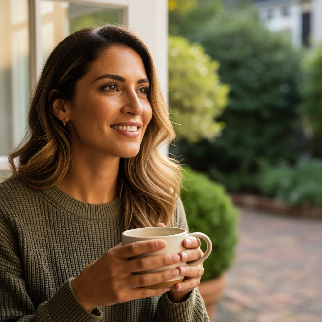 A smiling woman enjoying a cup of coffee outdoors.