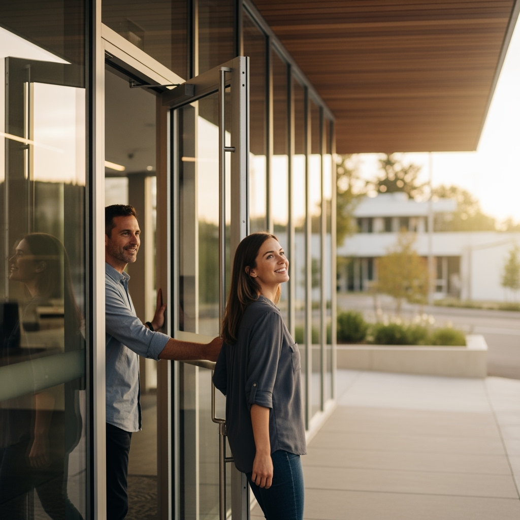 The modern and welcoming exterior of a Clarity Health Insurance office building on a sunny day.